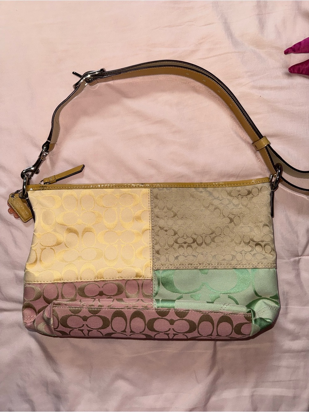 Coach Pastel Patchwork Signature Shoulder Bag - Yellow, Beige, Pink, Green - Picture 6 of 12